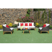 Novo design Poly Rattan Sofa define mobiliário de jardim ao ar livre, pernas de madeira de acácia